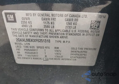 2015 GMC Terrain Sle-1 from USA, damaged, VIN 2GKALMEKXF6251318